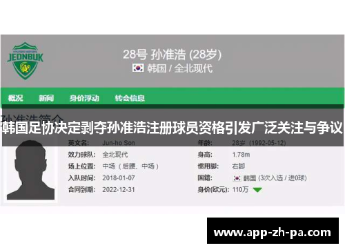 韩国足协决定剥夺孙准浩注册球员资格引发广泛关注与争议